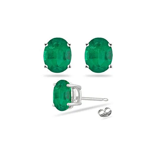 0.69-0.90 Cts of 6x4 mm AA Oval Natural Emerald Stud Earrings in 14K White Gold
