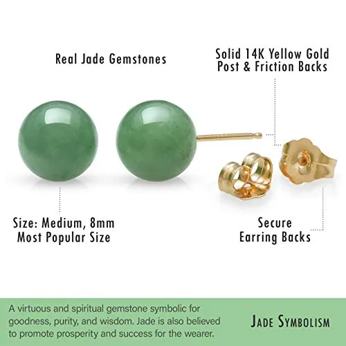 14K Yellow Gold Natural Jade Pendant Necklace and Stud Earring Set