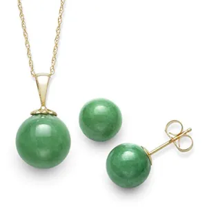 14K Yellow Gold Natural Jade Pendant Necklace and Stud Earring Set
