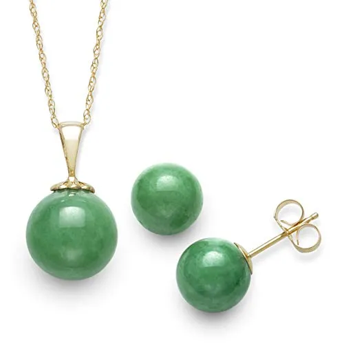 14K Yellow Gold Natural Jade Pendant Necklace and Stud Earring Set