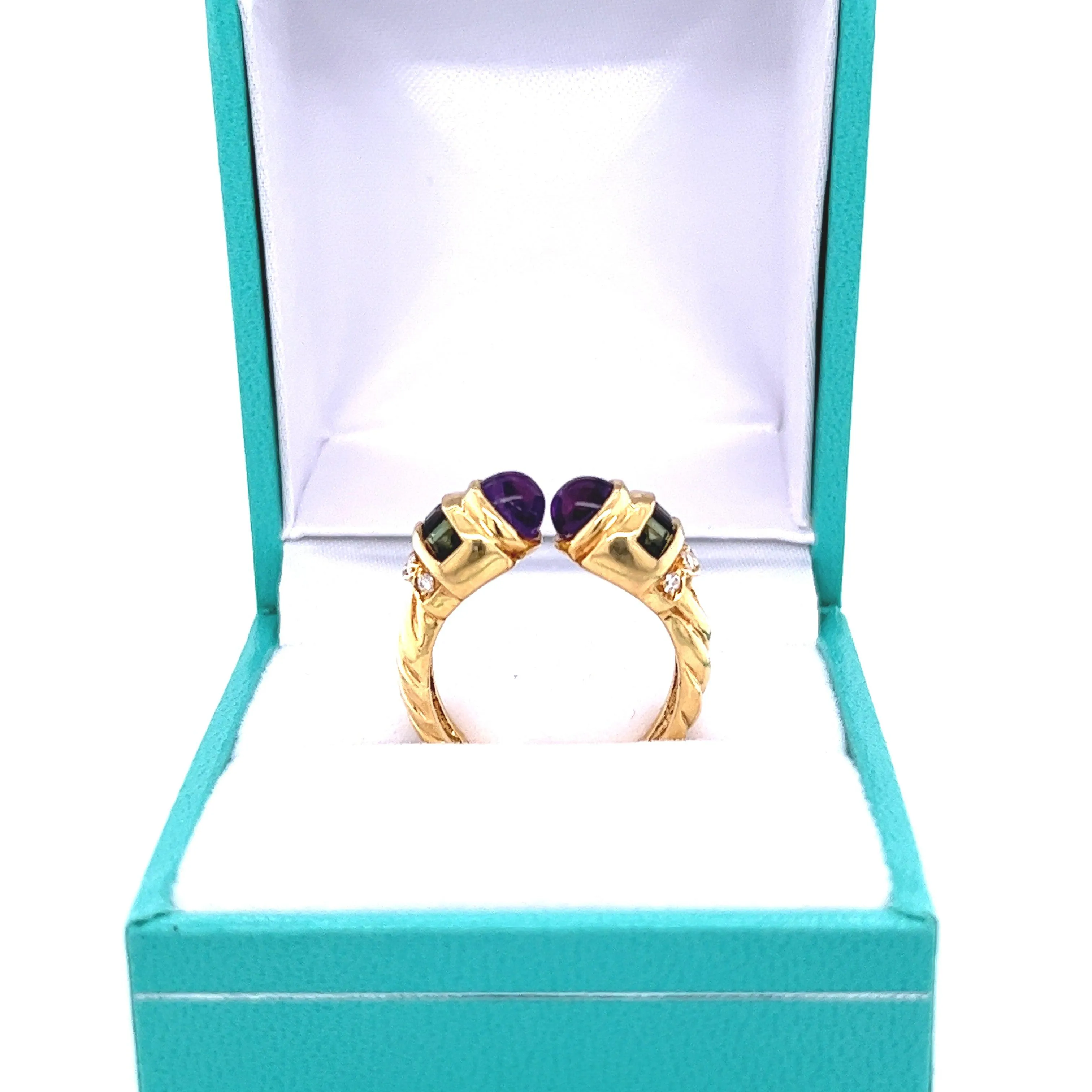 18k Gold Vintage Retro Open Ring With Amethyst, Peridot, and Diamonds