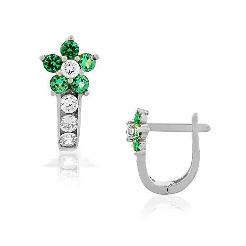925 Sterling Silver White Green Emerald-Tone CZ Flower Hoop Huggie Small Earrings