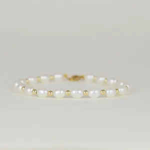 9ct Yellow Gold Freshwater Pearl and Gold Bead Bracelet