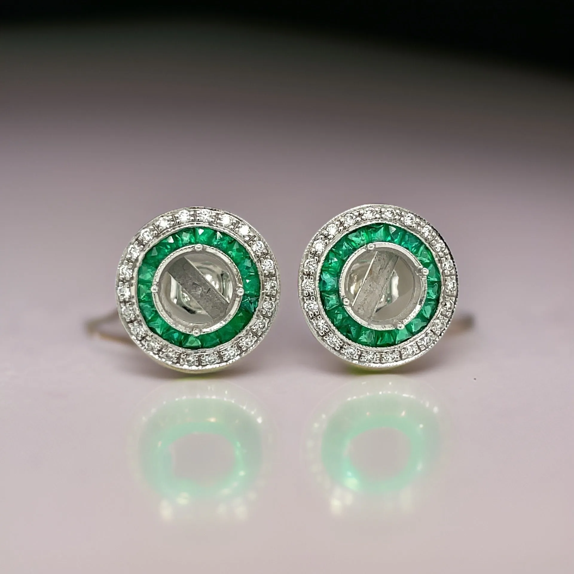 Art Deco Reproduction Aristocrat 1.20 cttw Emerald and Diamond Semi Mount Earrings 11610