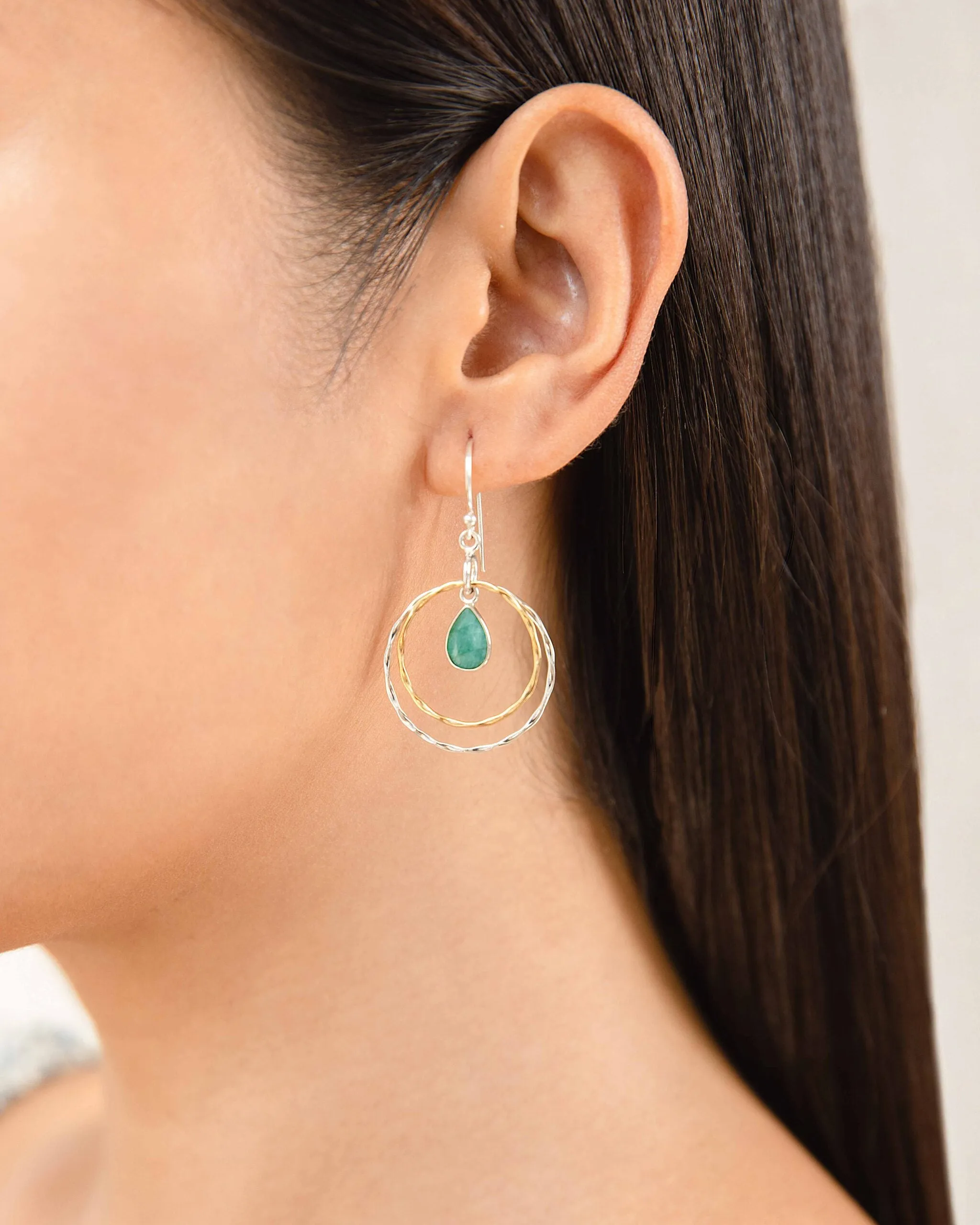 Banyan Two Tone Hoop Earrings with Teardrop Jade Hathi