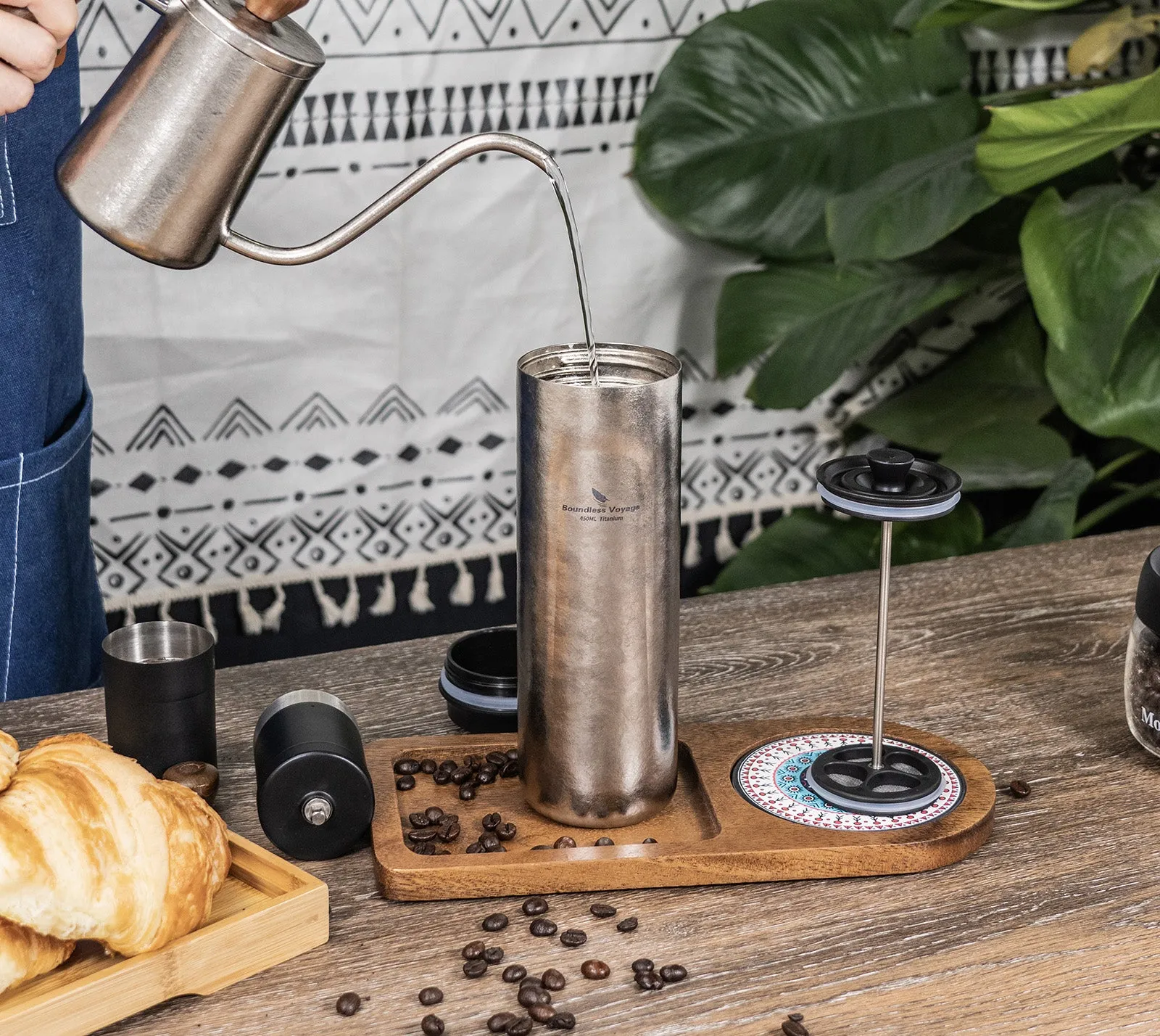 Boundless Voyage Titanium French Press Coffee Tumbler Thermos with Lid Double-Walled Insulated Water Bottle Mug 450ml
