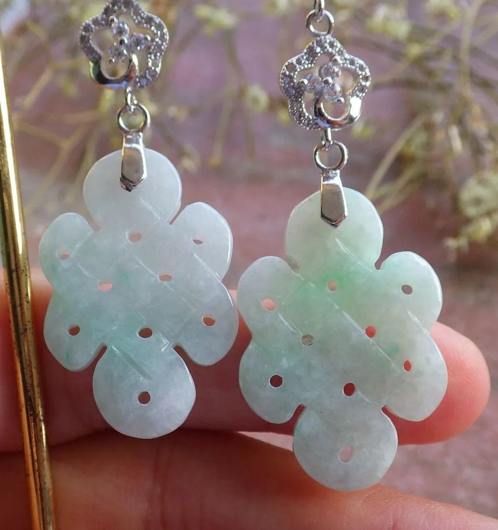 Certified Sterling Silver 925 100% Green Natural Myanmar Burma Hand Carved A Jade Jadeite Knotted Dangle Earrings