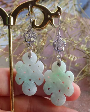 Certified Sterling Silver 925 100% Green Natural Myanmar Burma Hand Carved A Jade Jadeite Knotted Dangle Earrings