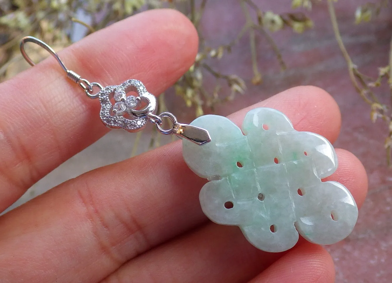 Certified Sterling Silver 925 100% Green Natural Myanmar Burma Hand Carved A Jade Jadeite Knotted Dangle Earrings
