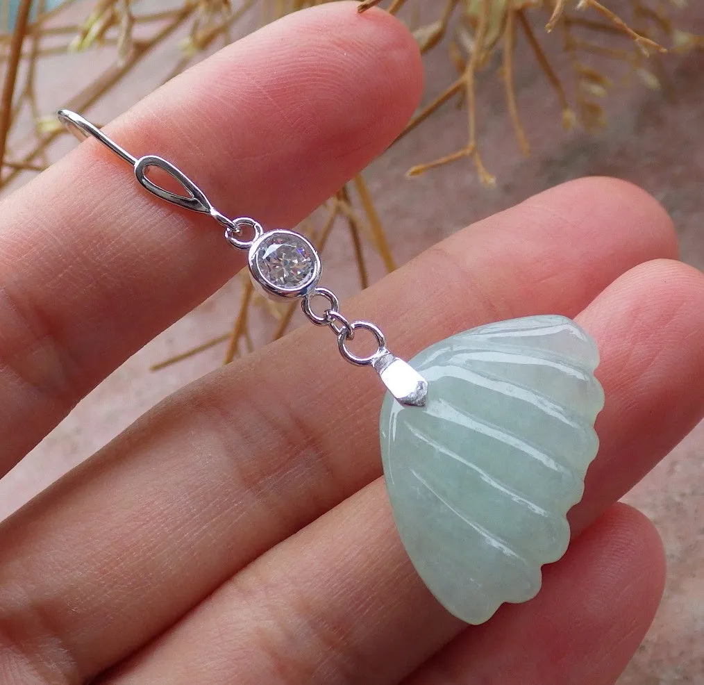Certified Sterling Silver 925 100% Green Natural Myanmar Burma Hand Carved A Jade Jadeite Sea Shell Dangle Earring Earrings