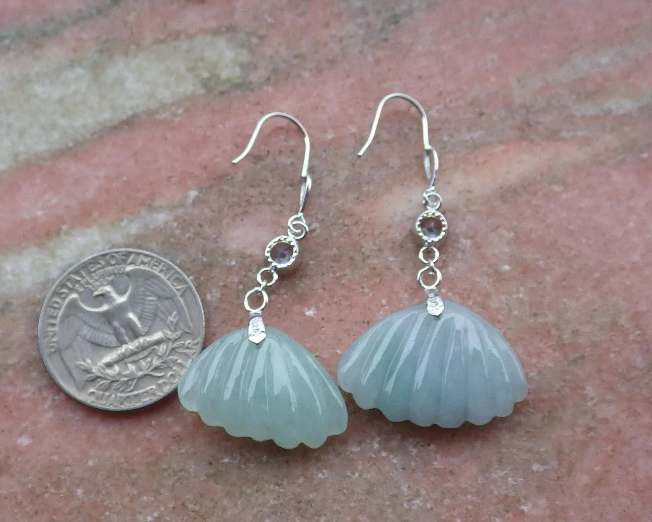 Certified Sterling Silver 925 100% Green Natural Myanmar Burma Hand Carved A Jade Jadeite Sea Shell Dangle Earring Earrings
