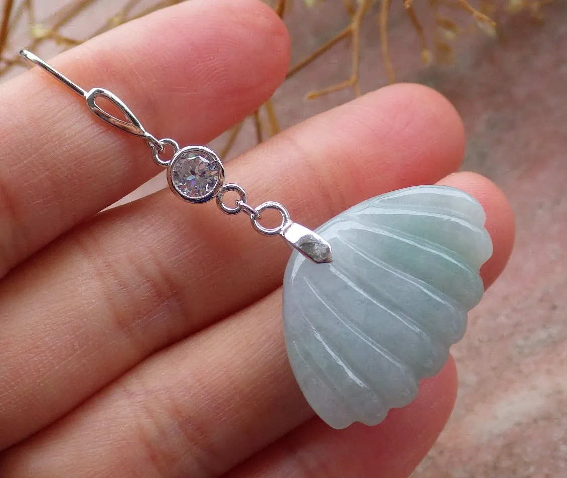 Certified Sterling Silver 925 100% Green Natural Myanmar Burma Hand Carved A Jade Jadeite Sea Shell Dangle Earring Earrings