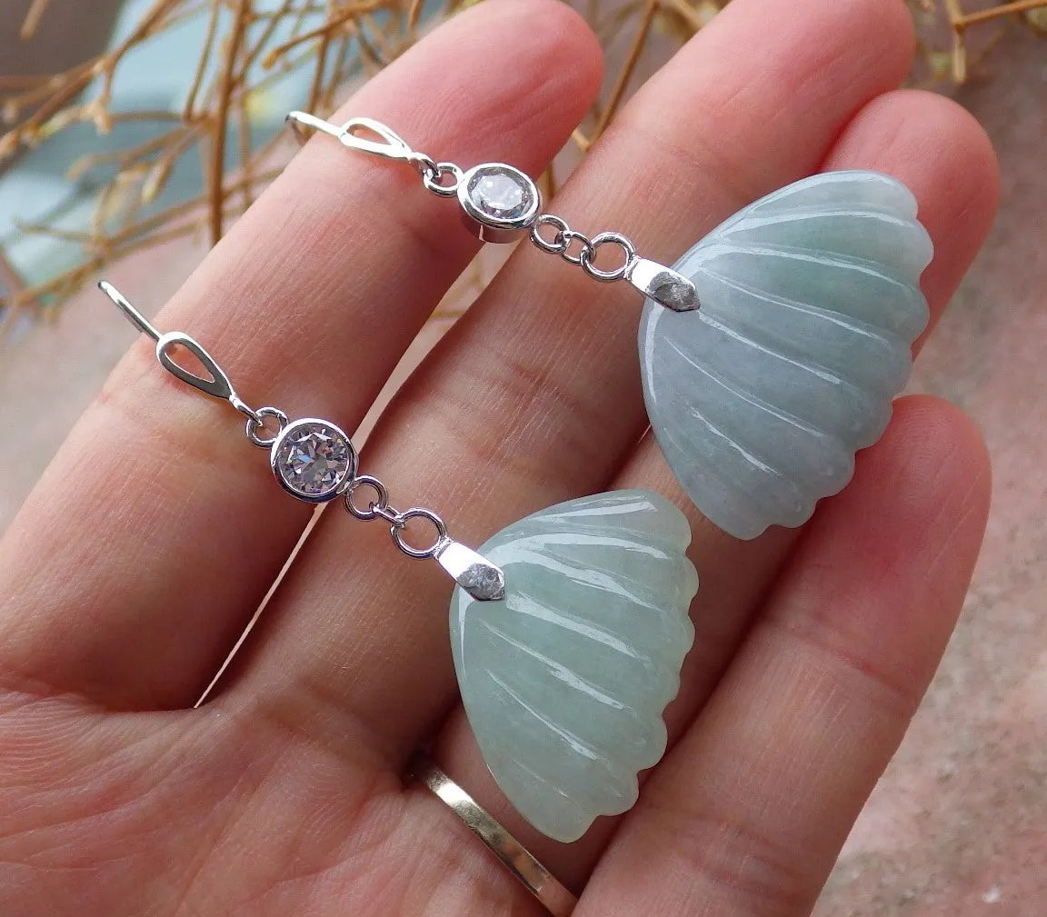 Certified Sterling Silver 925 100% Green Natural Myanmar Burma Hand Carved A Jade Jadeite Sea Shell Dangle Earring Earrings