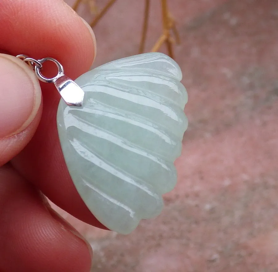 Certified Sterling Silver 925 100% Green Natural Myanmar Burma Hand Carved A Jade Jadeite Sea Shell Dangle Earring Earrings