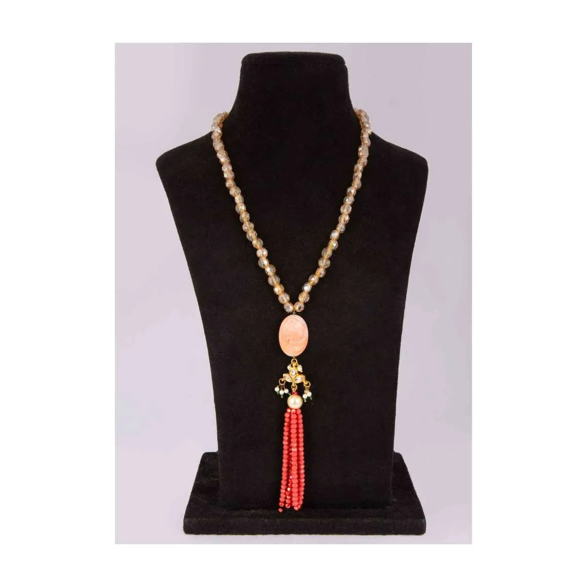 Champaign beaded necklace with self carved beaded pendantwith peach tassel layers only on Kalki