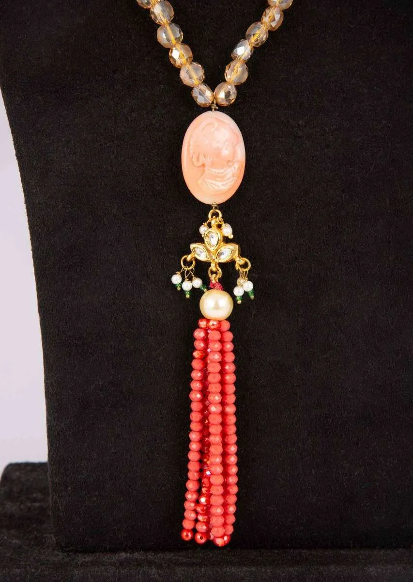 Champaign beaded necklace with self carved beaded pendantwith peach tassel layers only on Kalki