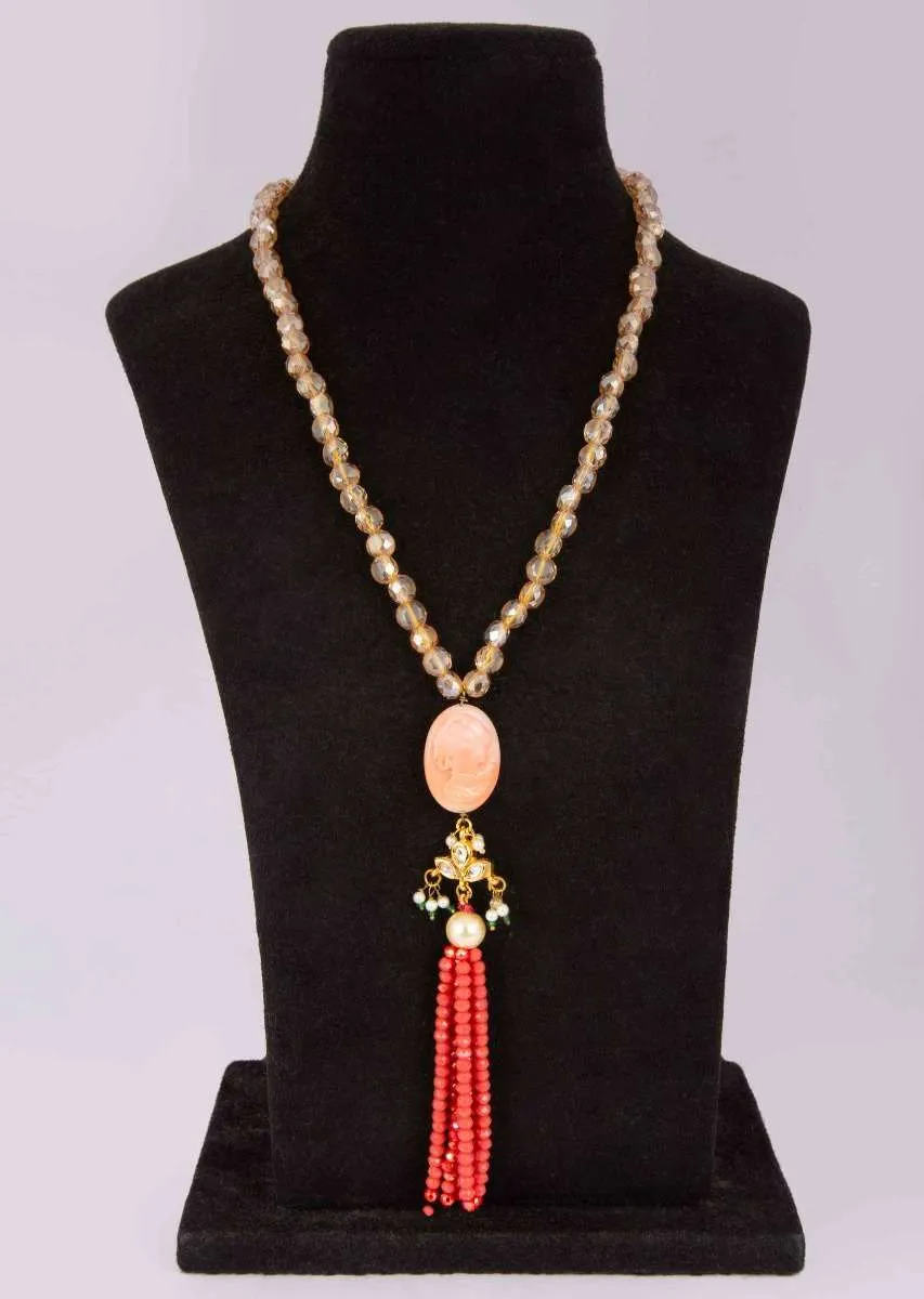 Champaign beaded necklace with self carved beaded pendantwith peach tassel layers only on Kalki