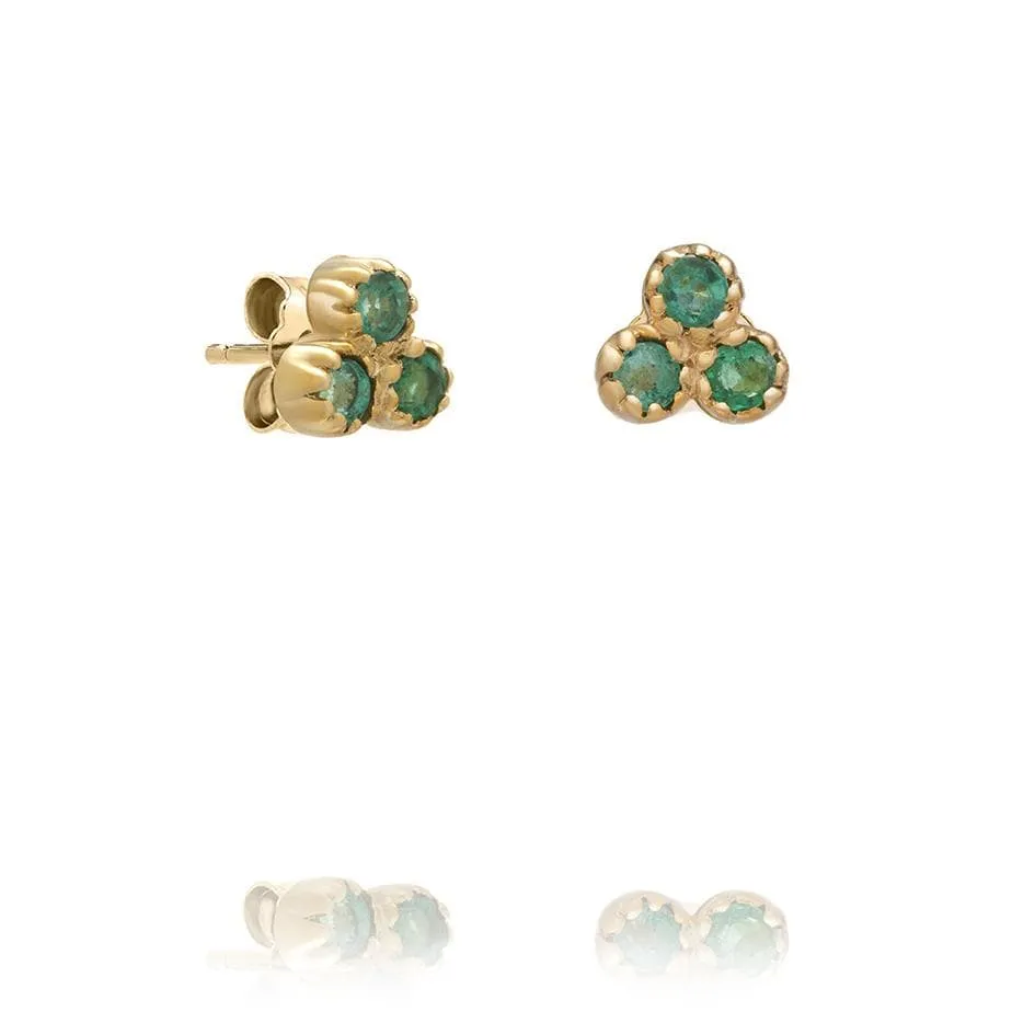 Delicate Collection 14KT YG 3 Stone Emerald Stud Earrings