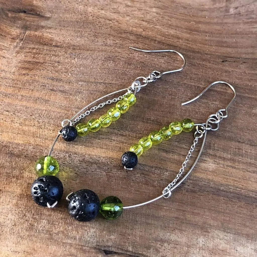 Financial & Spiritual Abundance | Peridot and Lava Bead Essential Oil Earrings
