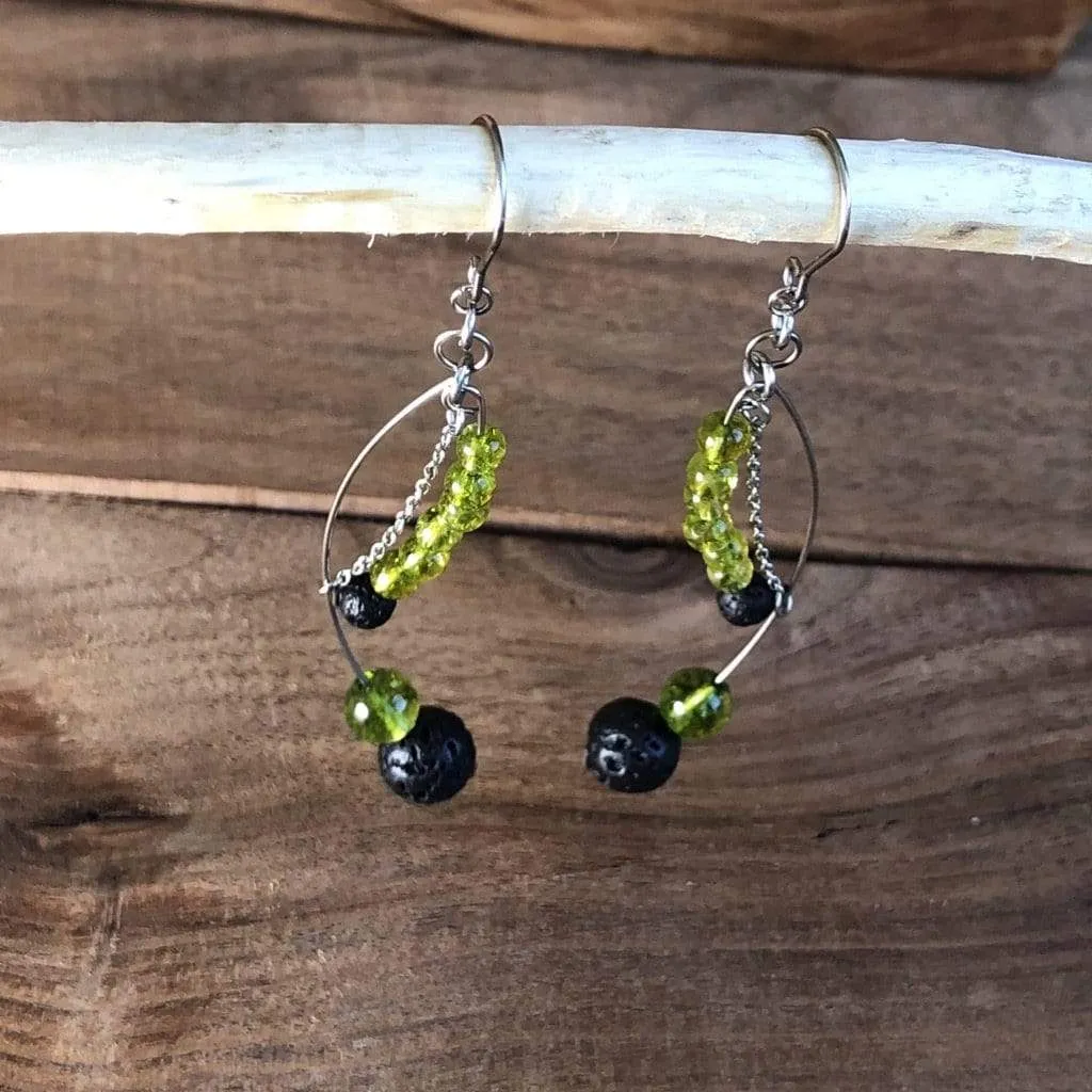 Financial & Spiritual Abundance | Peridot and Lava Bead Essential Oil Earrings