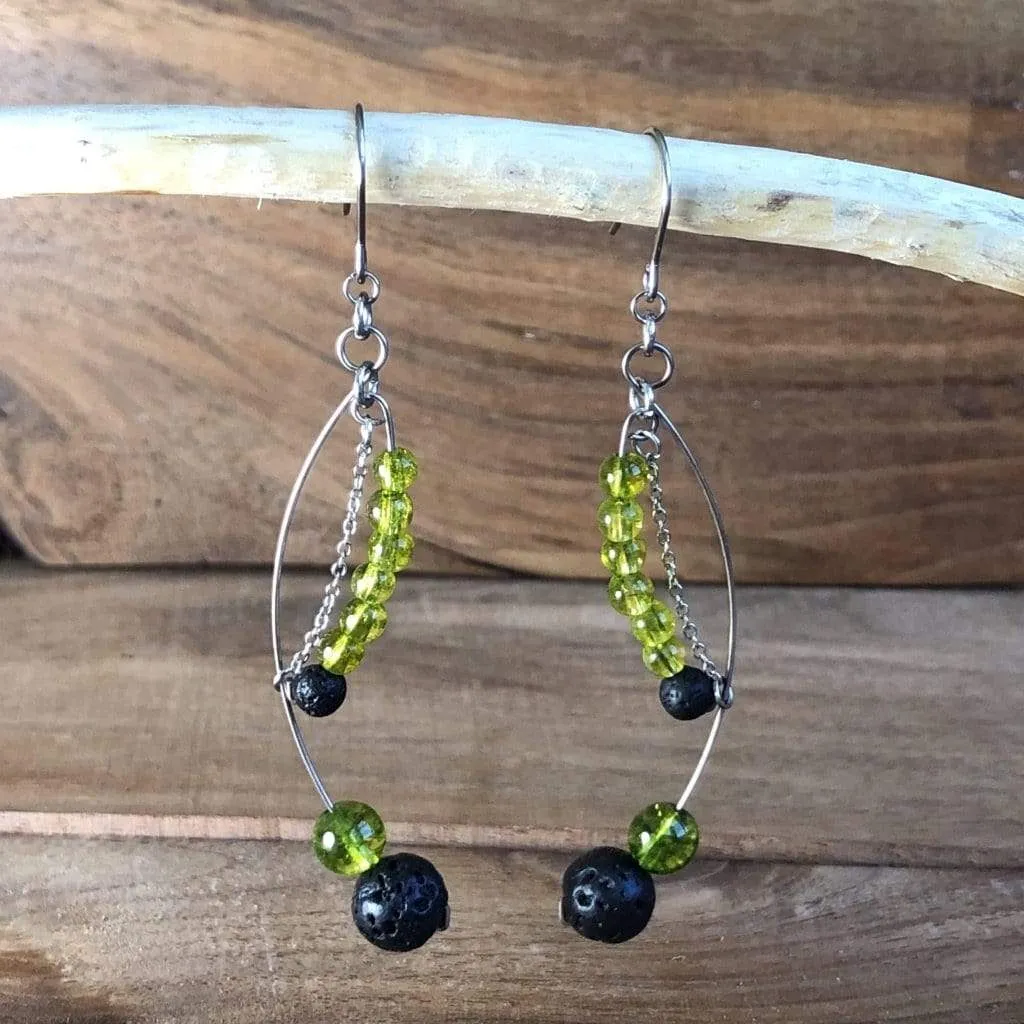 Financial & Spiritual Abundance | Peridot and Lava Bead Essential Oil Earrings