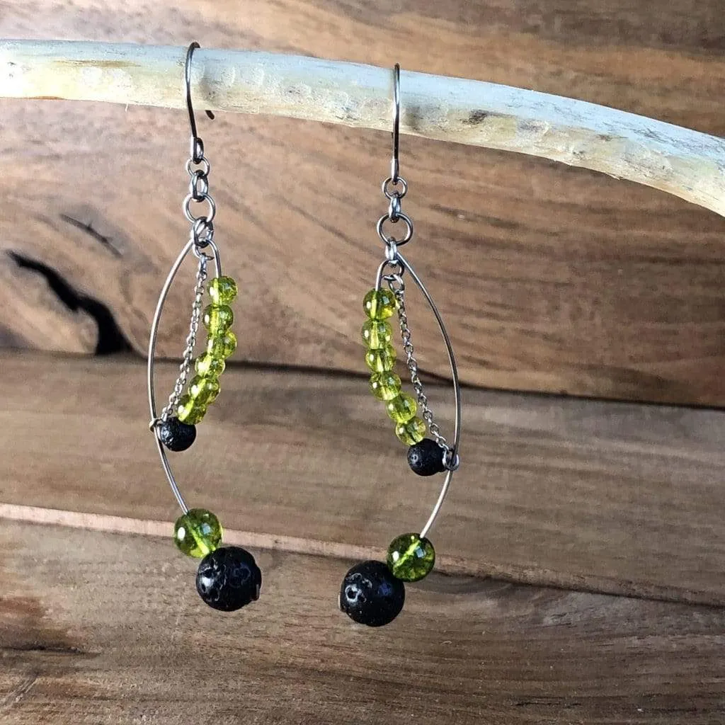 Financial & Spiritual Abundance | Peridot and Lava Bead Essential Oil Earrings