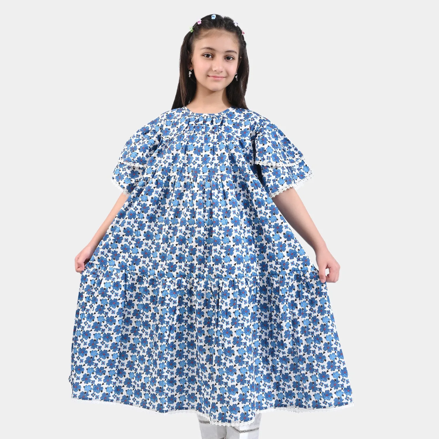 Girls Cotton Poplin Long Dress Blue Bell-Blue