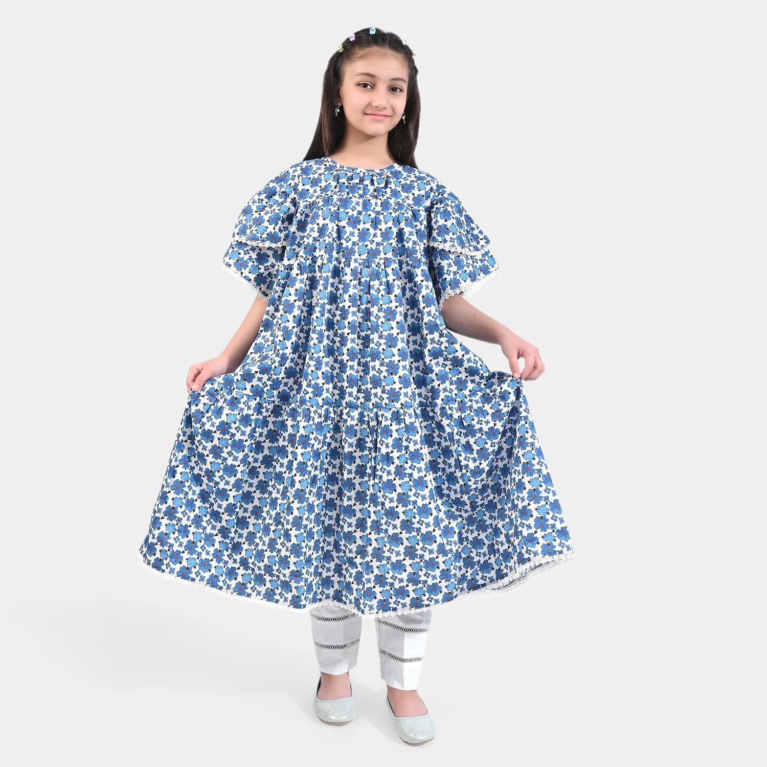 Girls Cotton Poplin Long Dress Blue Bell-Blue