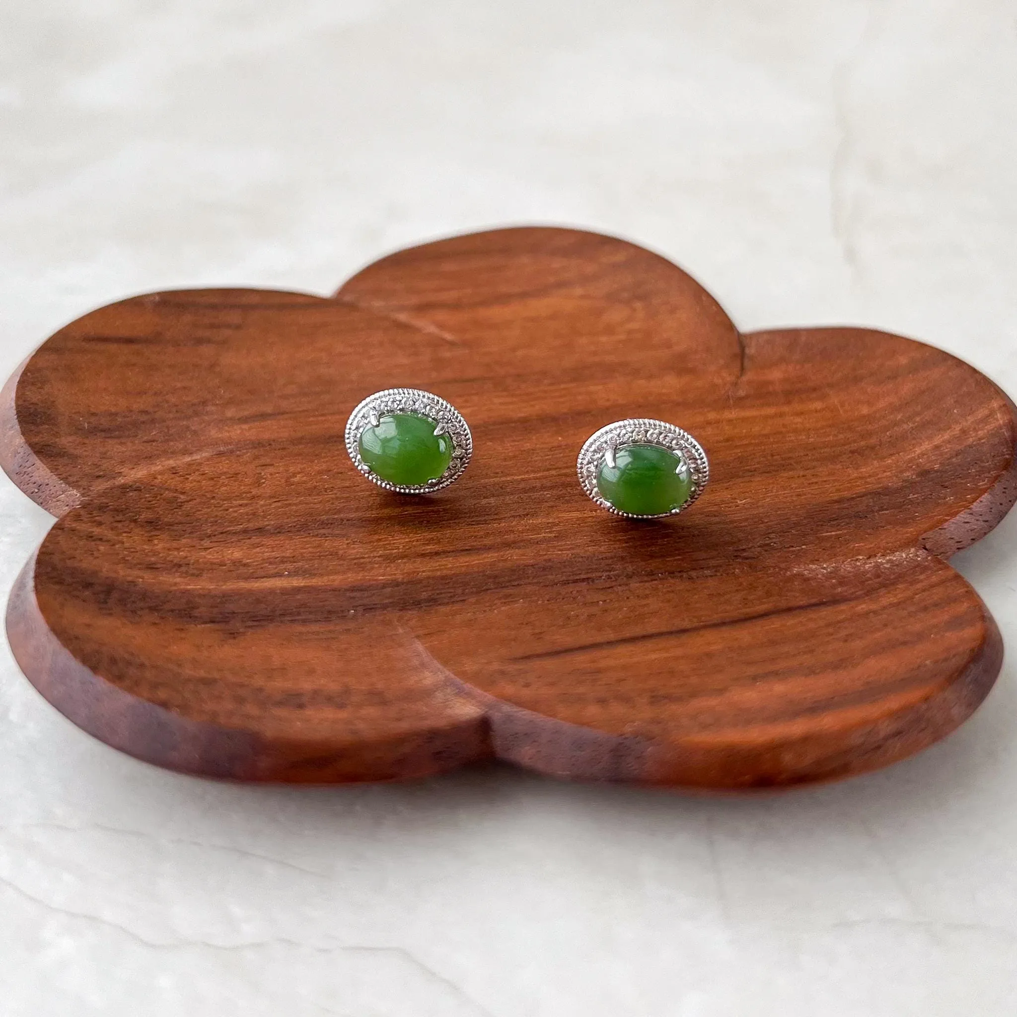 Green Jade Classic Earring Studs, Style 3, Green Nephrite Jade Sterling Silver Earrings, JSY-0424-12300