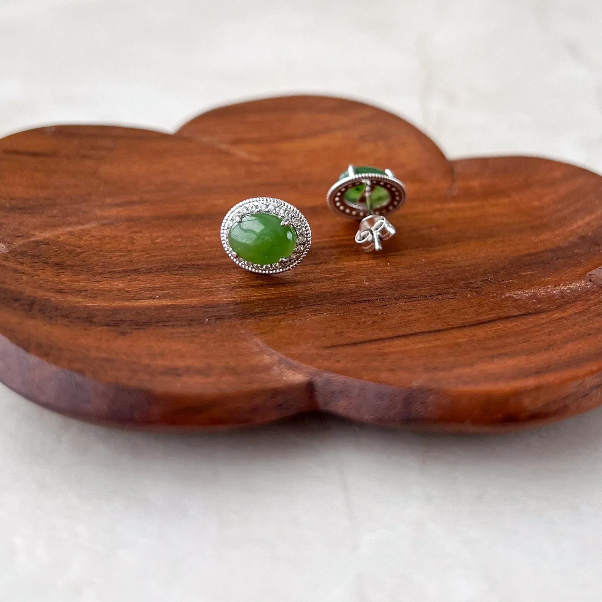 Green Jade Classic Earring Studs, Style 3, Green Nephrite Jade Sterling Silver Earrings, JSY-0424-12300