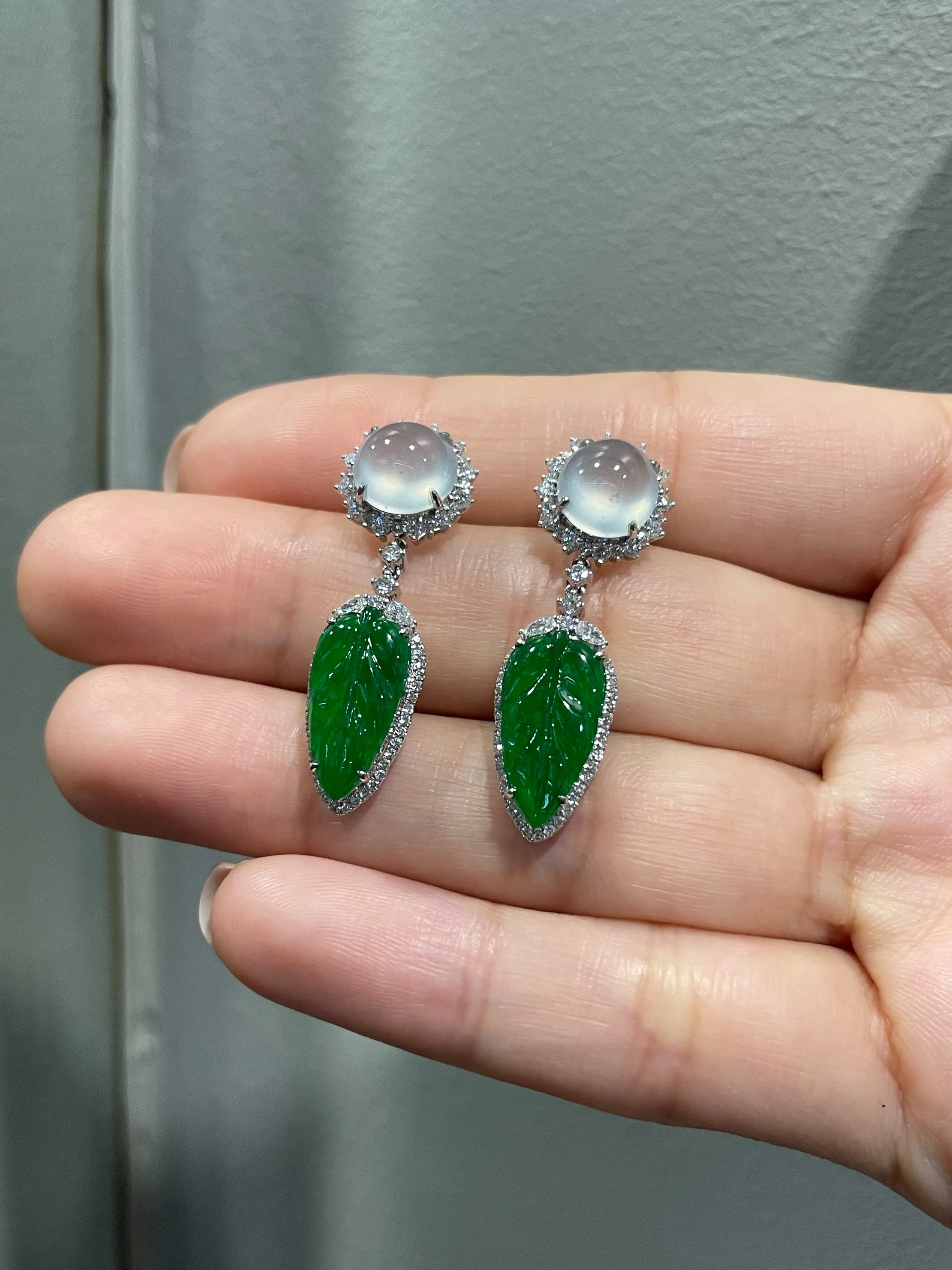 Icy Jade Cabochon With Green Leaf Jade Earrings (NJE031)