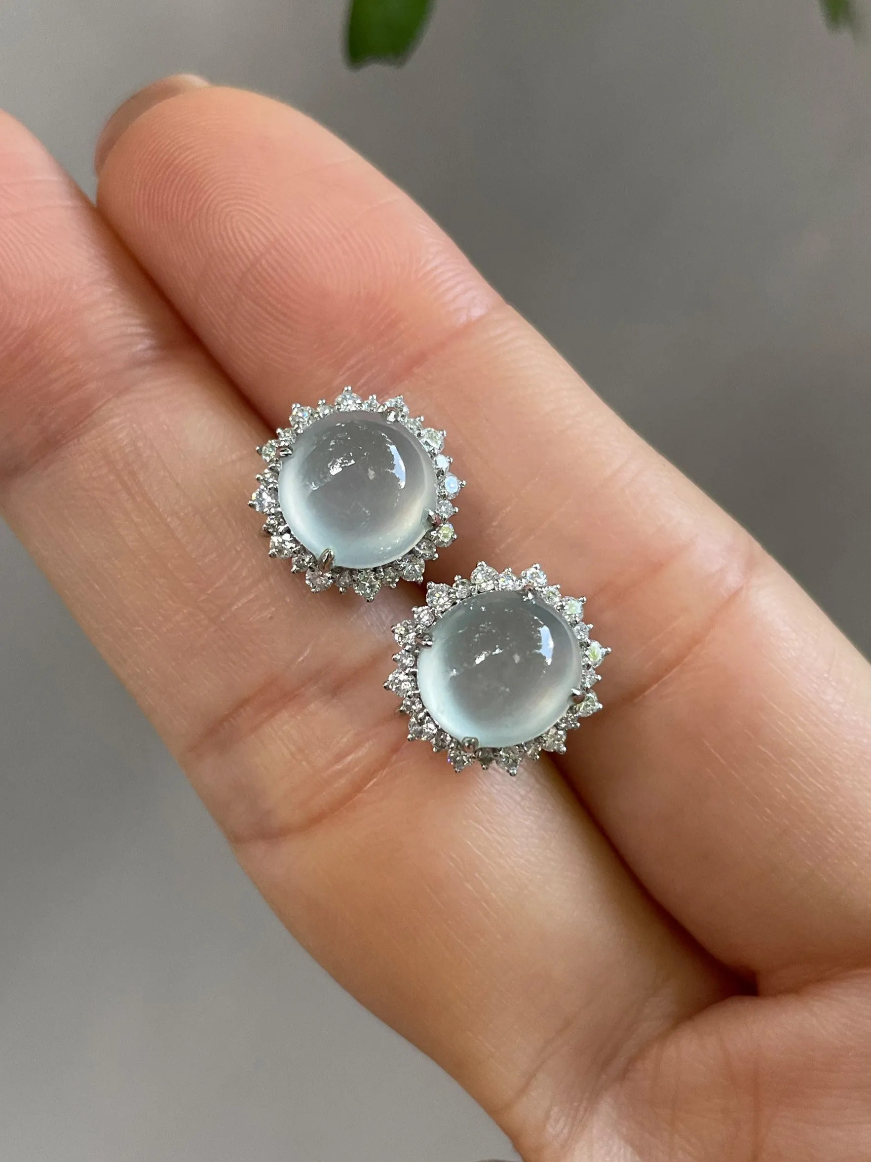 Icy Jade Cabochon With Green Leaf Jade Earrings (NJE031)