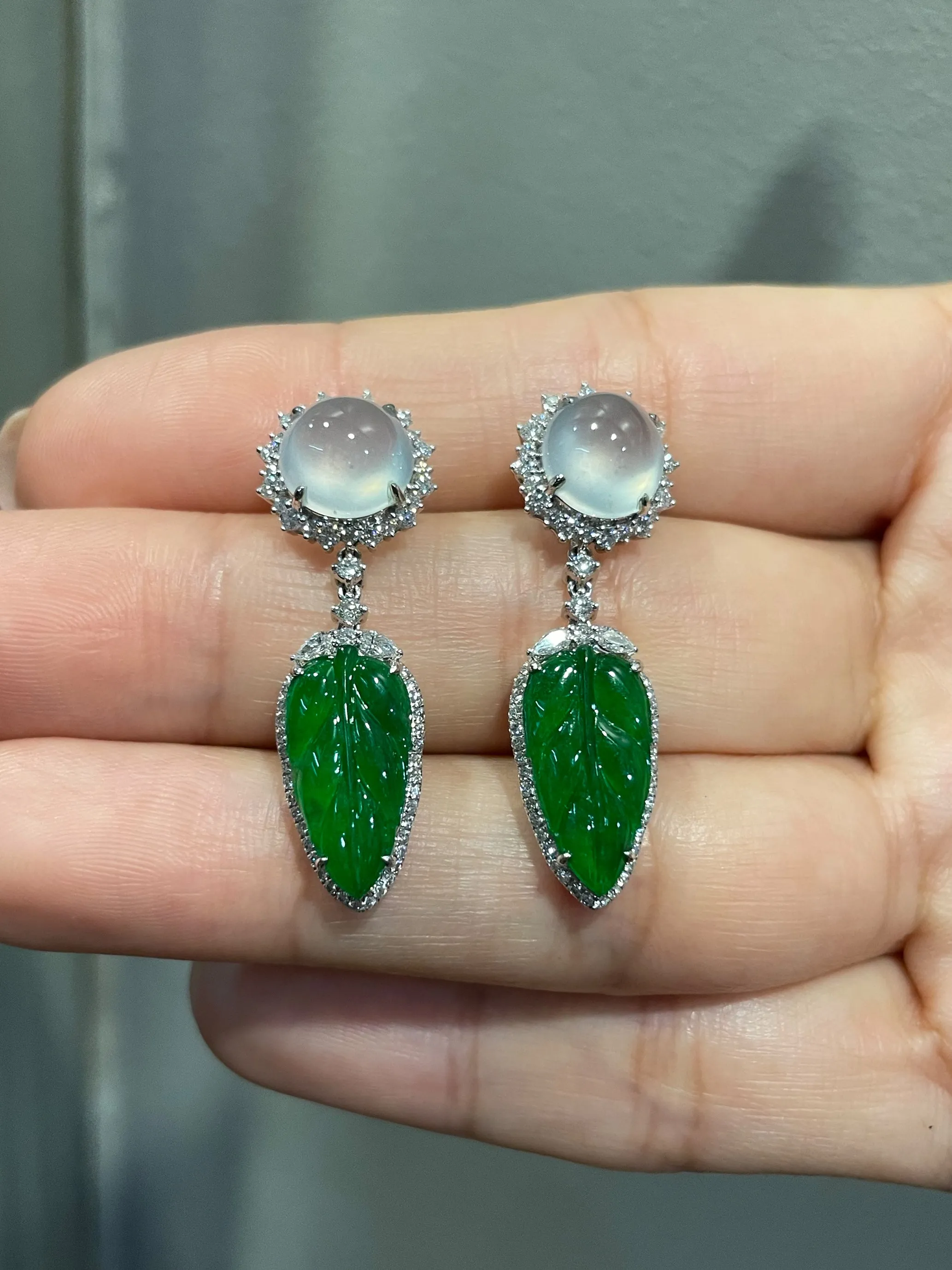 Icy Jade Cabochon With Green Leaf Jade Earrings (NJE031)