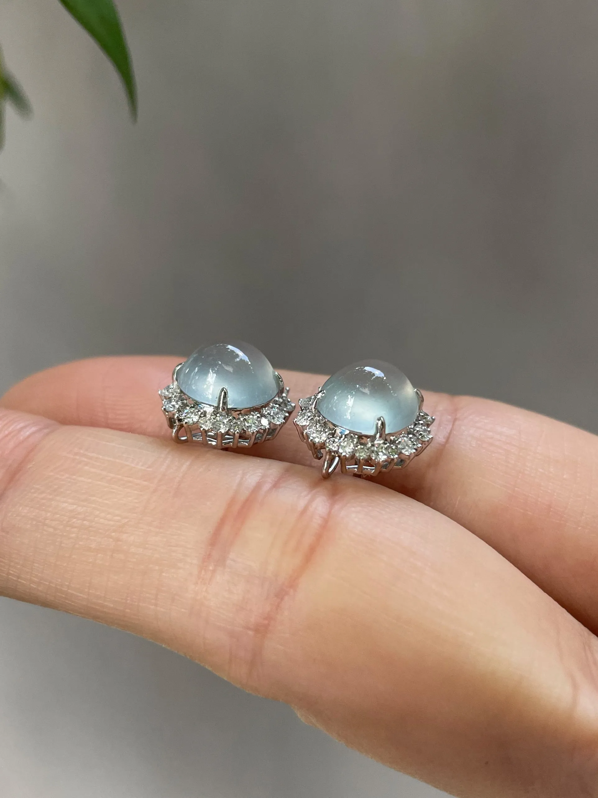 Icy Jade Cabochon With Green Leaf Jade Earrings (NJE031)