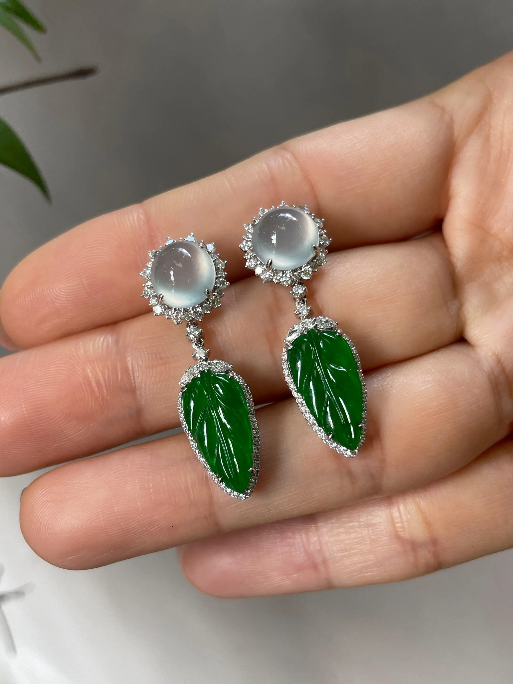 Icy Jade Cabochon With Green Leaf Jade Earrings (NJE031)