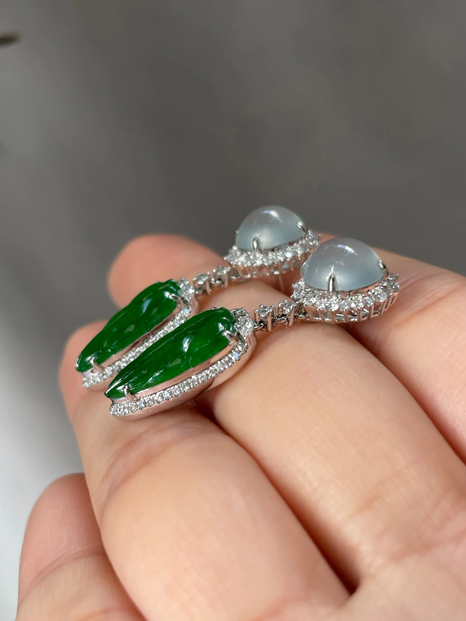Icy Jade Cabochon With Green Leaf Jade Earrings (NJE031)