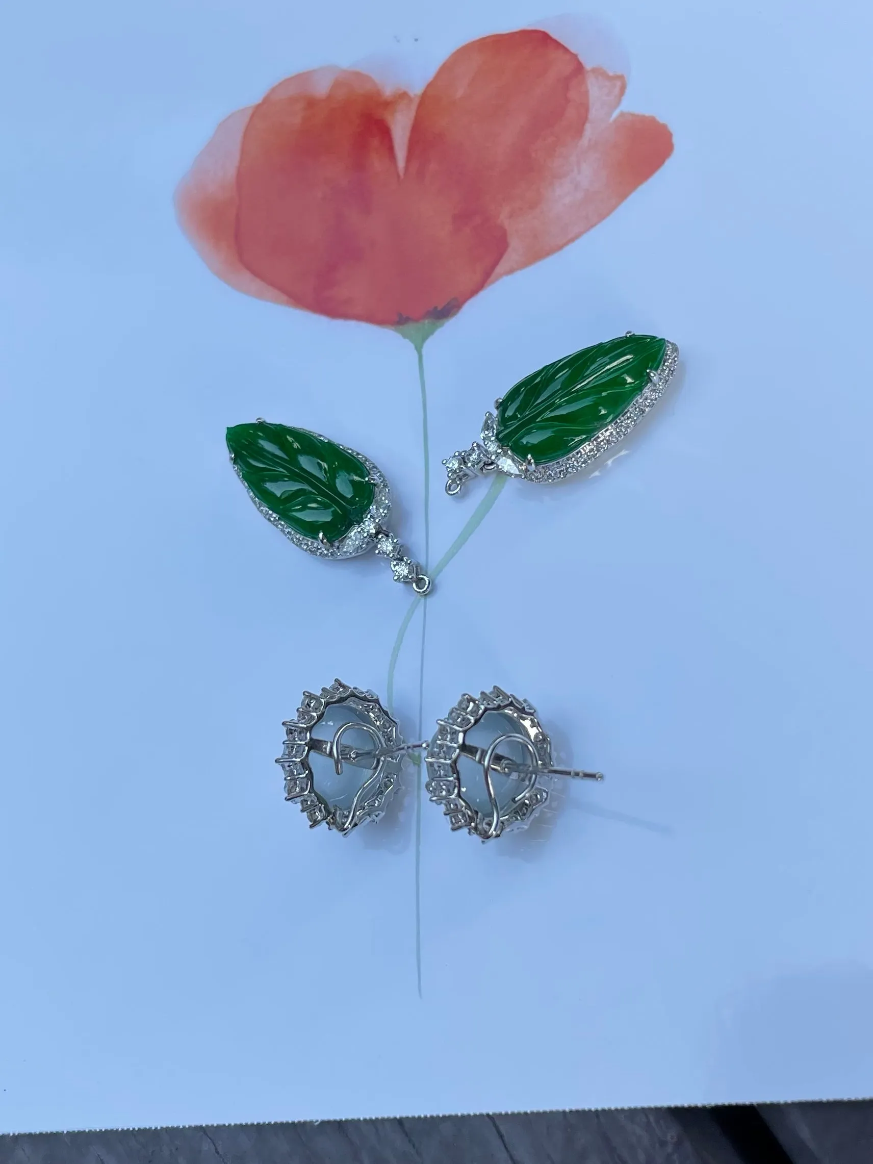 Icy Jade Cabochon With Green Leaf Jade Earrings (NJE031)