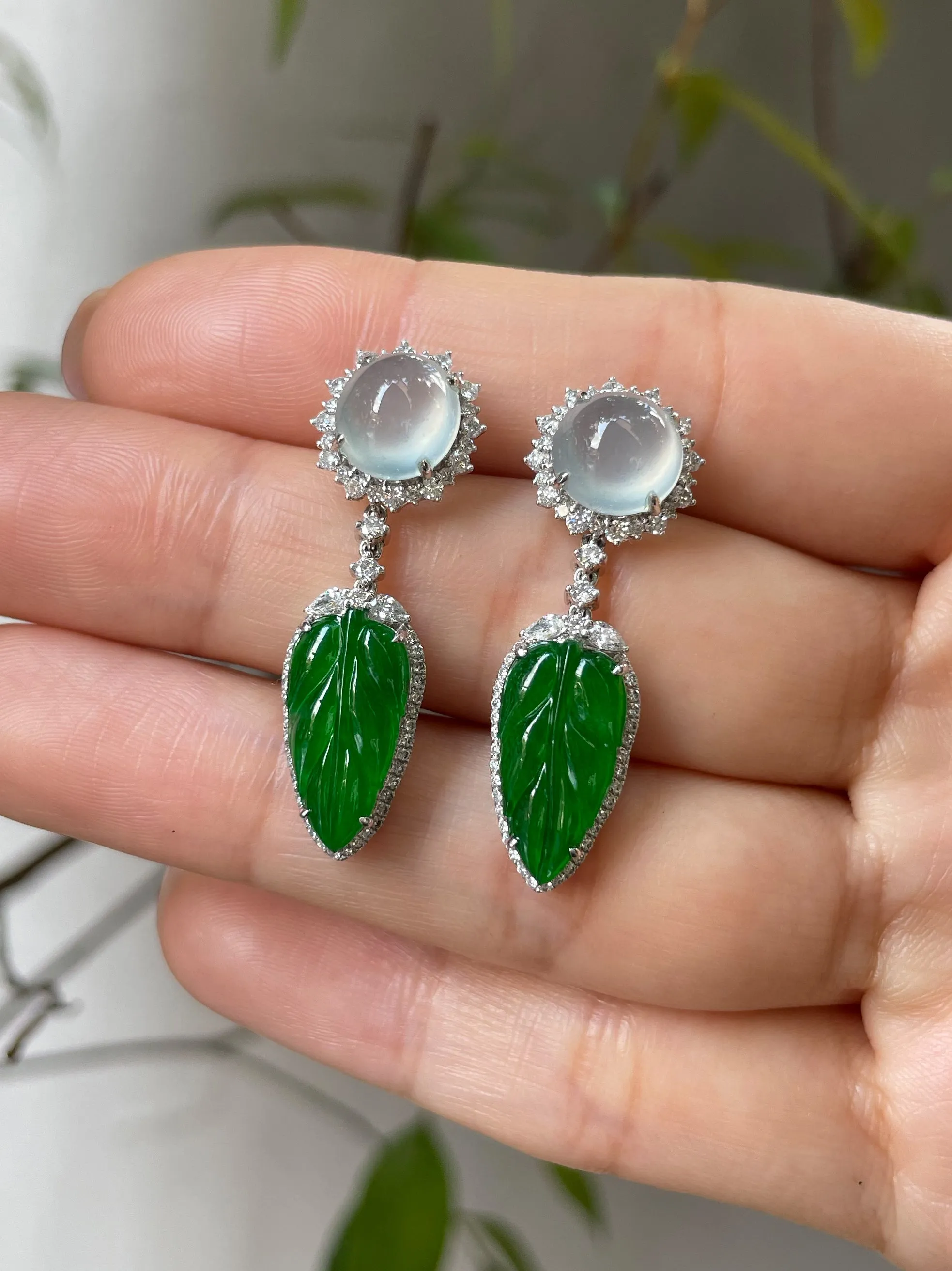Icy Jade Cabochon With Green Leaf Jade Earrings (NJE031)