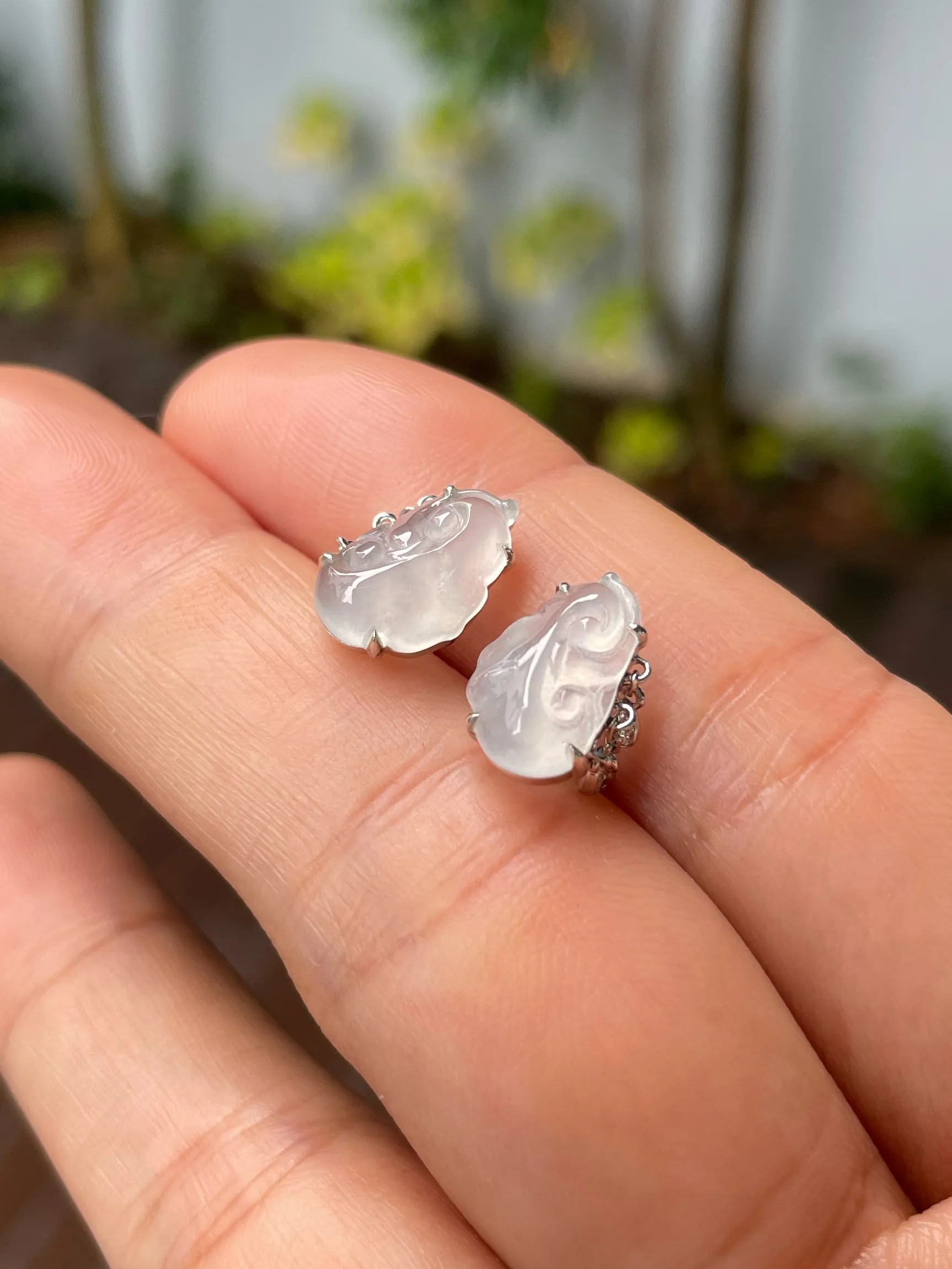 Icy White Jadeite Earrings - Ruyi (NJE232)