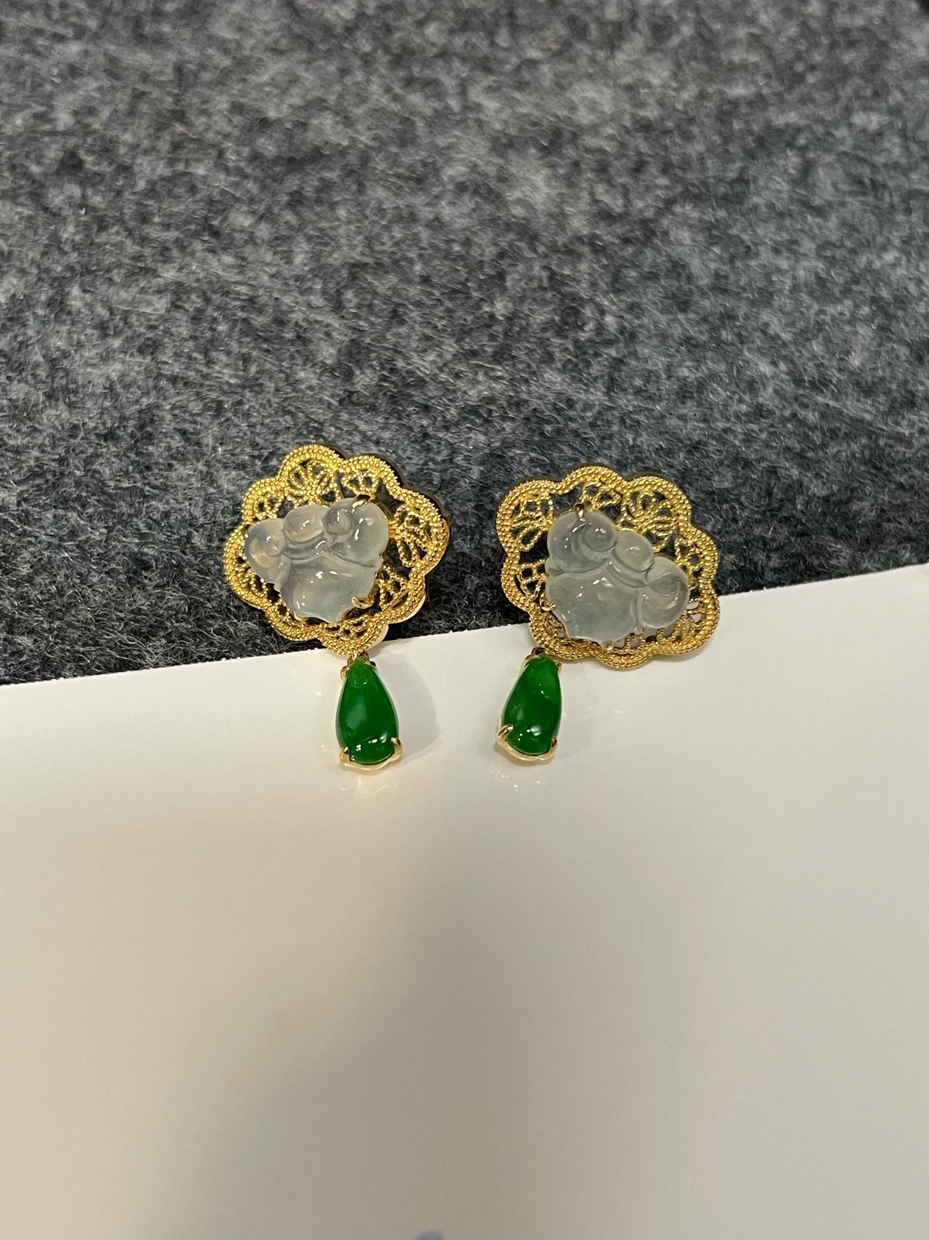 Icy White With Green Jadeite Earrings - Ruyi (NJE228)