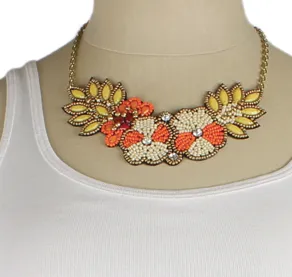Orange Bead Flower Bib Necklace
