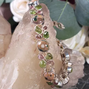 Orbicular Jasper with Peridot & Tourmaline Bracelet .925 Silver for Joy and Peace, Success, and Relaxation