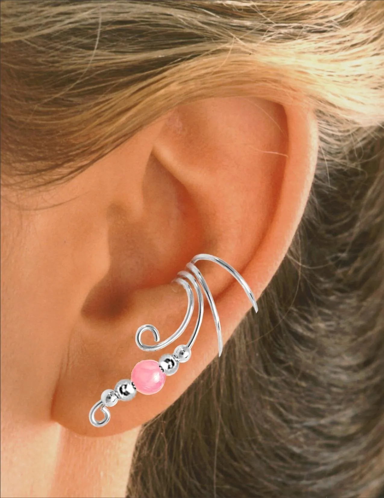 Pink Jade & Beads Long Ear Cuff
