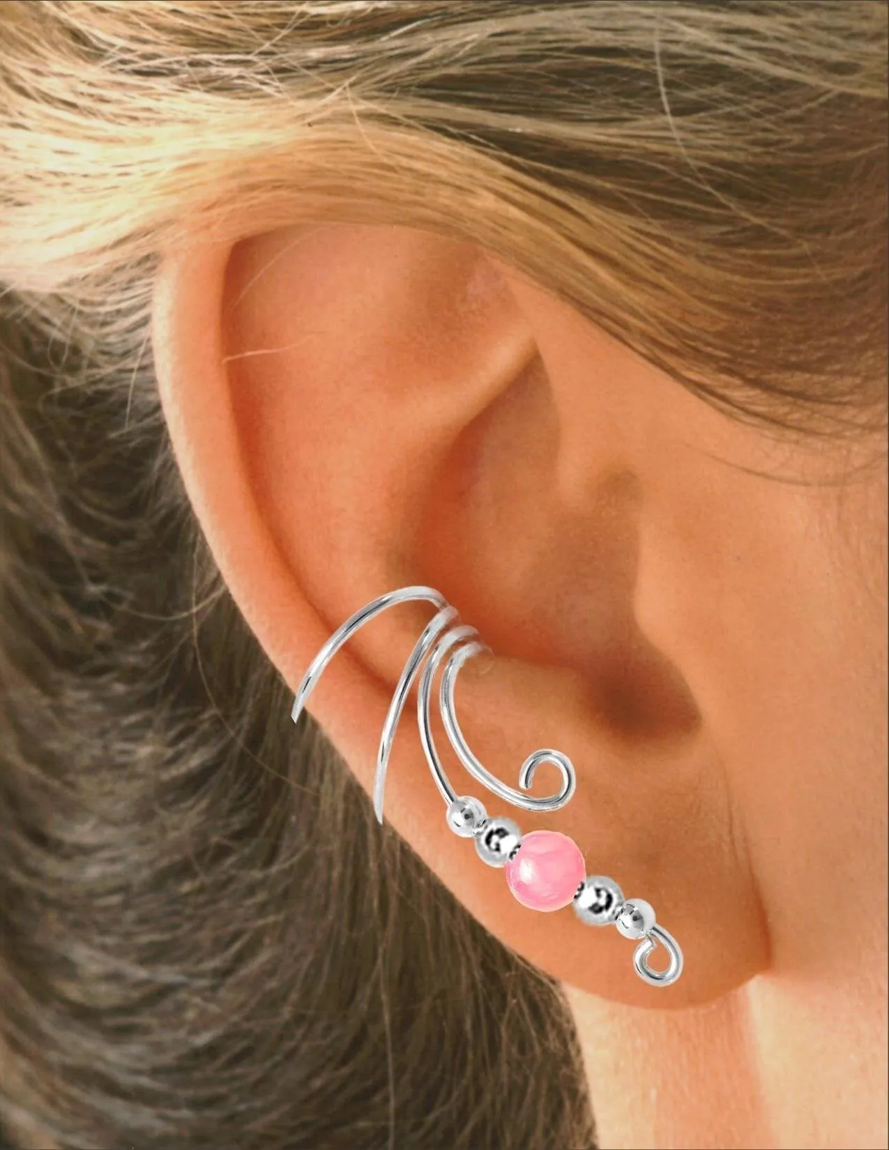 Pink Jade & Beads Long Ear Cuff