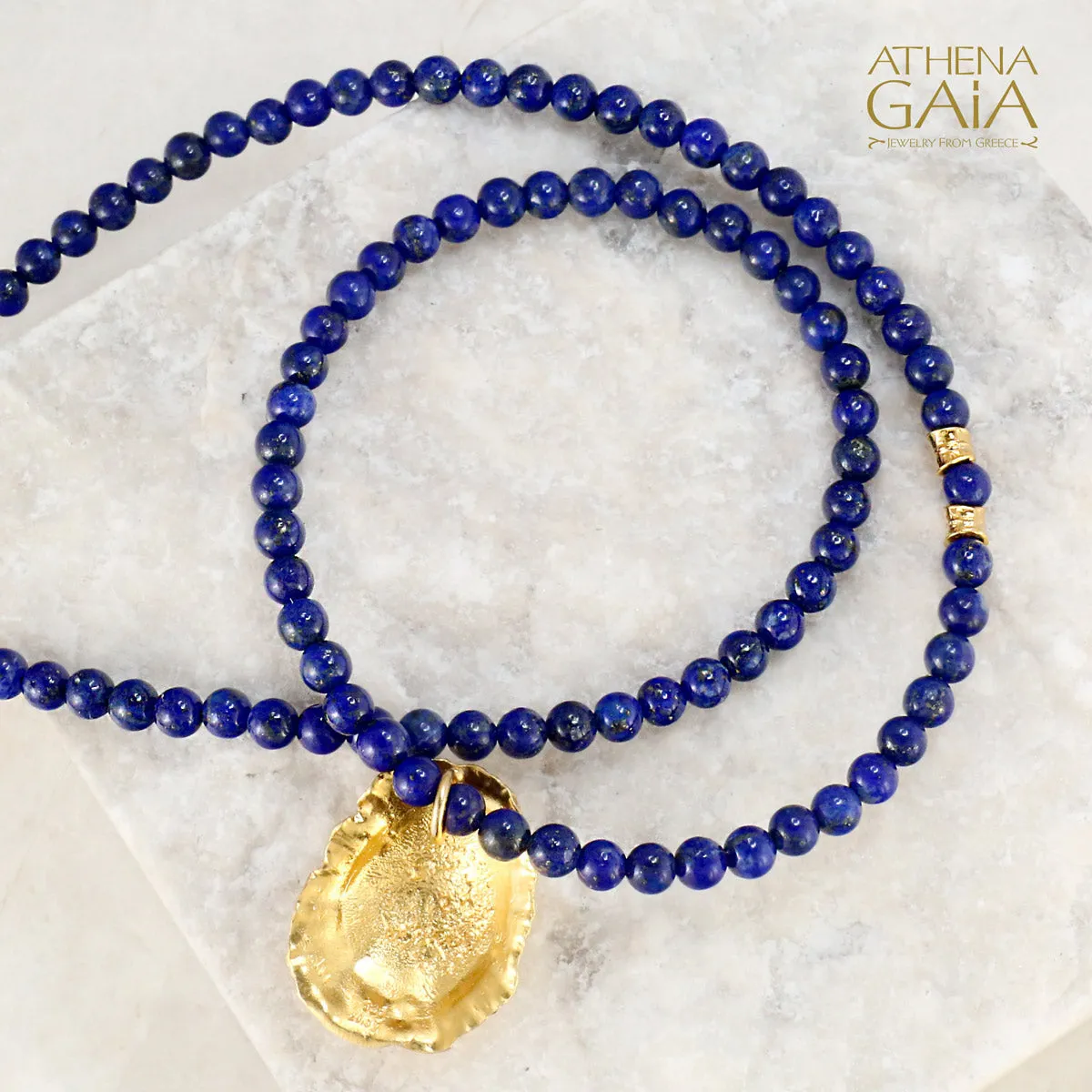 Seashell Gold and Lapis Necklace