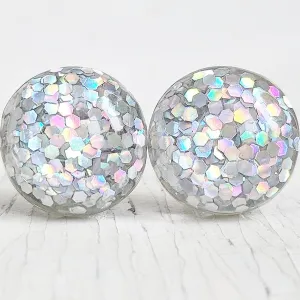 Silver Holographic Glitter Bubble Stud Earrings - Hypoallergenic Silver Plated Posts