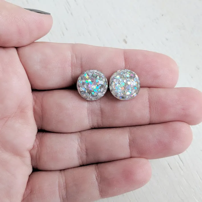 Silver Holographic Glitter Bubble Stud Earrings - Hypoallergenic Silver Plated Posts