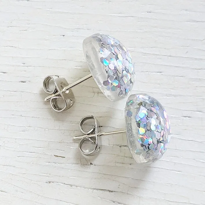 Silver Holographic Glitter Bubble Stud Earrings - Hypoallergenic Silver Plated Posts