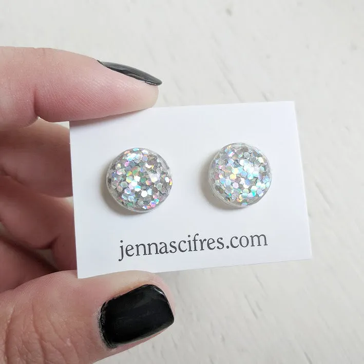 Silver Holographic Glitter Bubble Stud Earrings - Hypoallergenic Silver Plated Posts