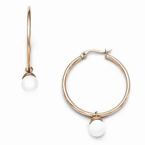 Stainle Steel Polished Rose IP-plated White Hinged Hoop Earrings